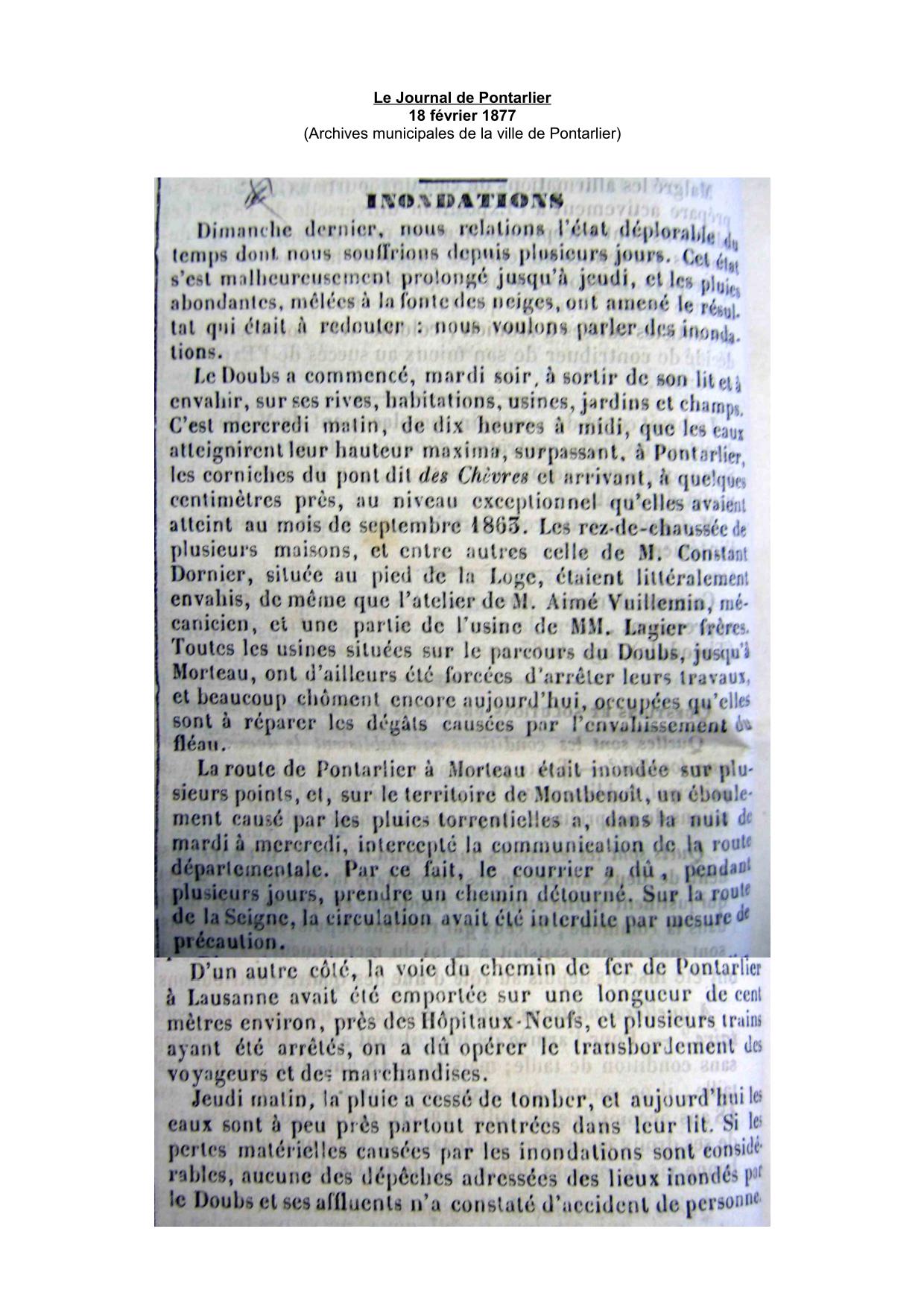 Le Journal de Pontarlier - 1877 - Région de Pontarlier