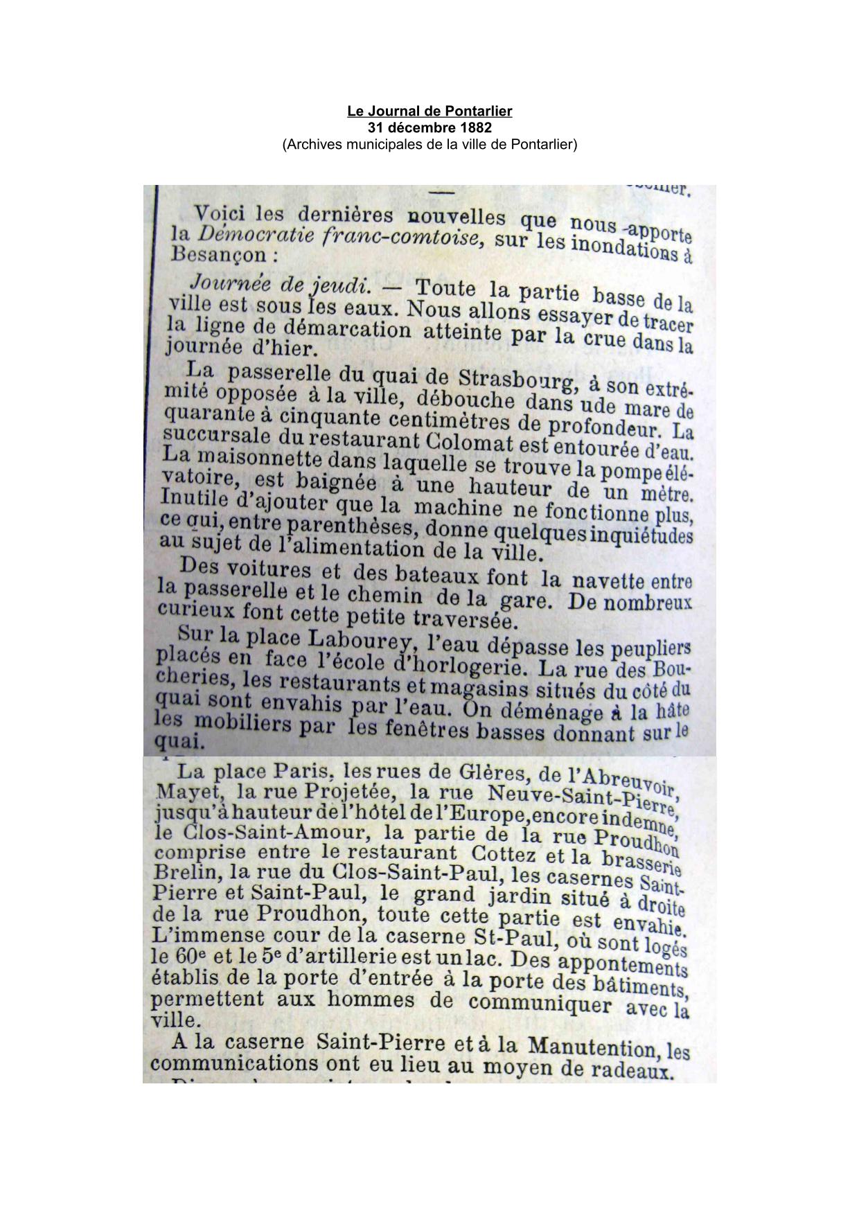 Le Journal de Pontarlier - 1882 - Région de Besançon