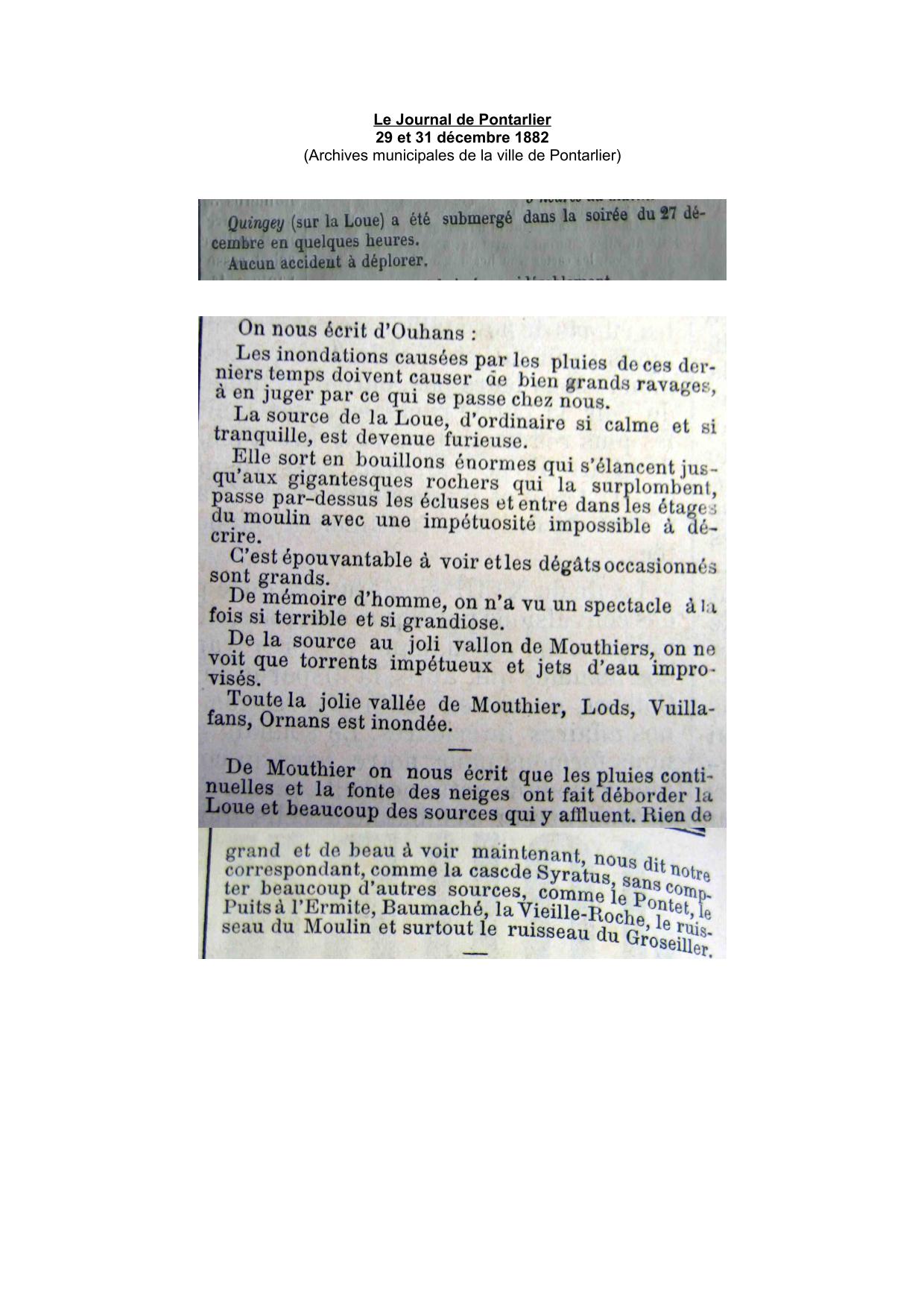 Le Journal de Pontarlier - 1882 - Vallée de la Loue