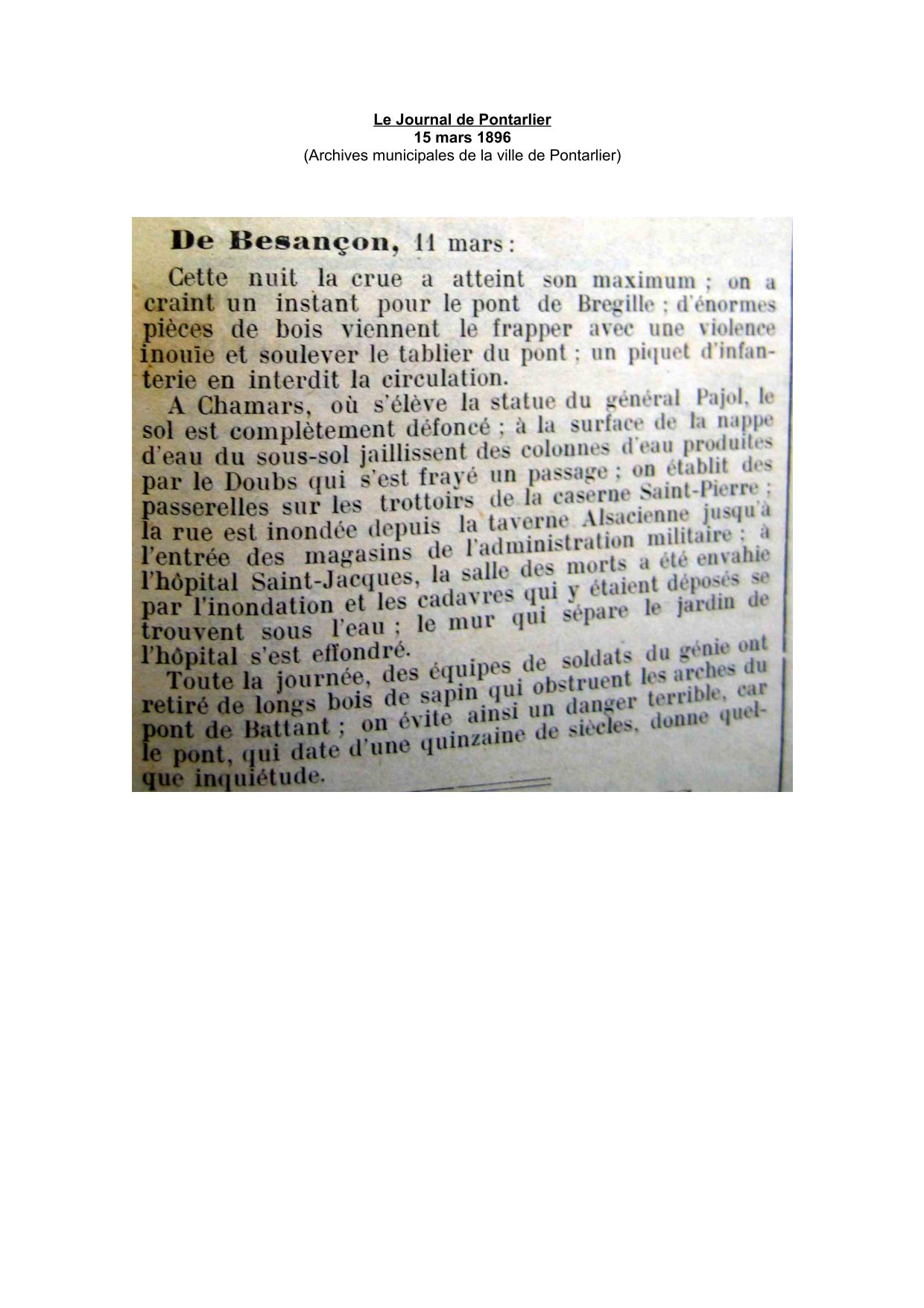 Le Journal de Pontarlier - 1896 – Besançon