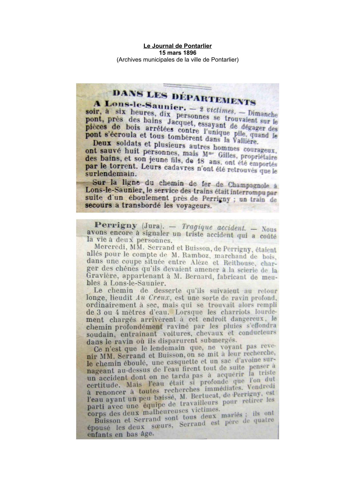 Le Journal de Pontarlier - 1896 - Décès à Lons-le-Saunier et Perrigny