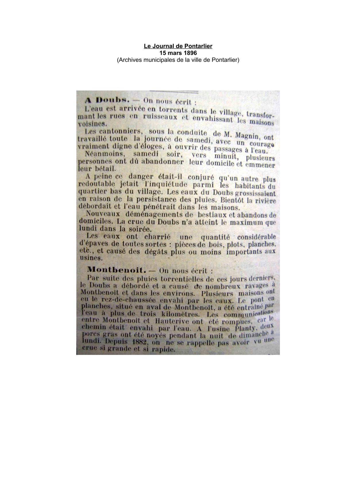 Le Journal de Pontarlier - 1896 - Région de Morteau