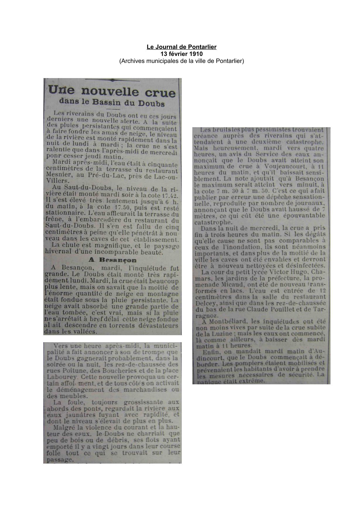 Le Journal de Pontarlier - février 1910 - Situation régionale