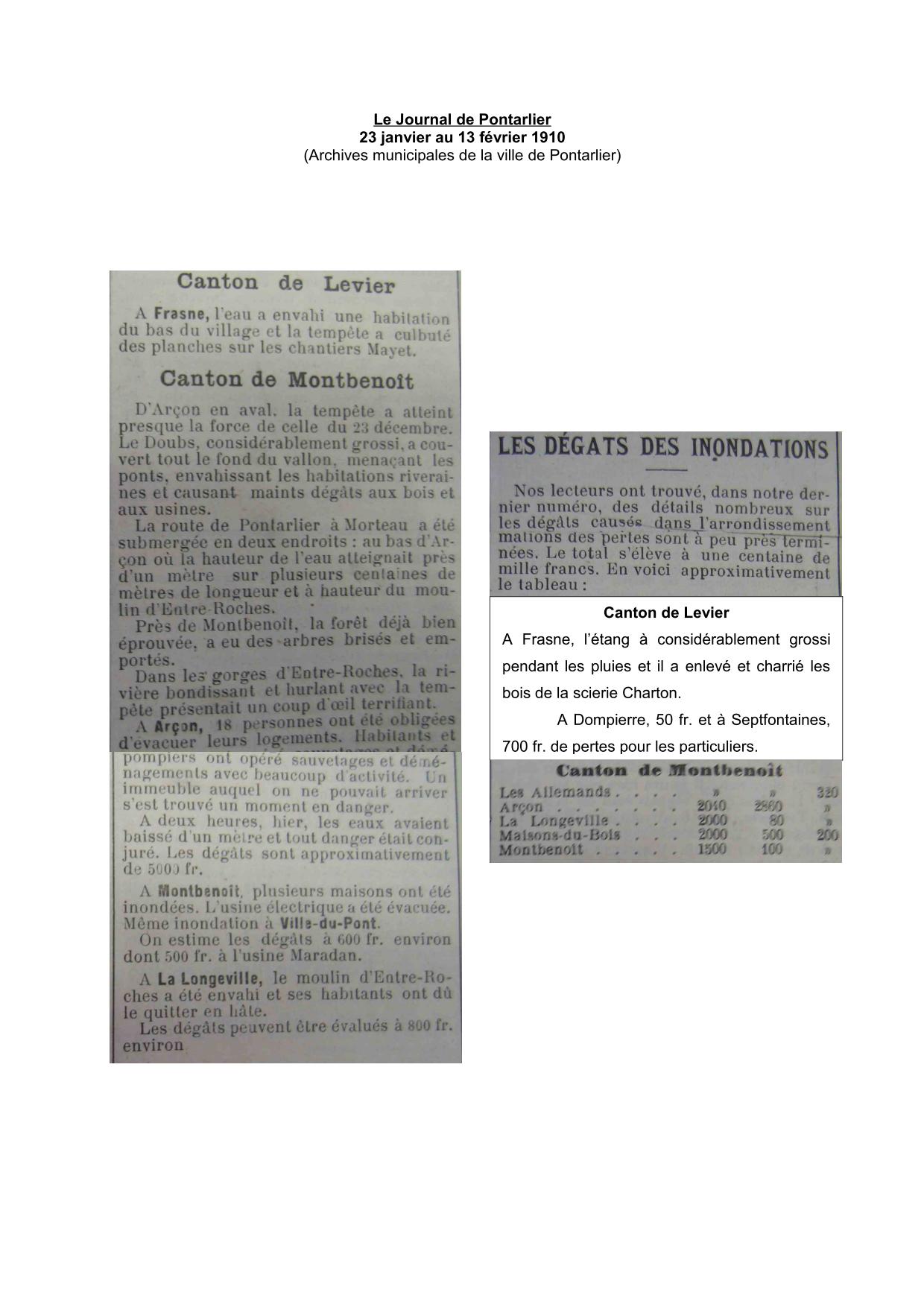 Le Journal de Pontarlier - 1910 - Région de Levier et Montbenoit