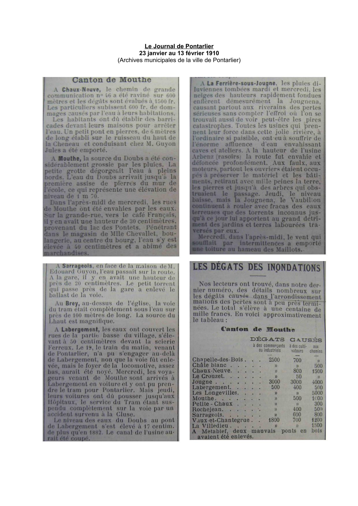 Le Journal de Pontarlier - 1910 - Région de Mouthe