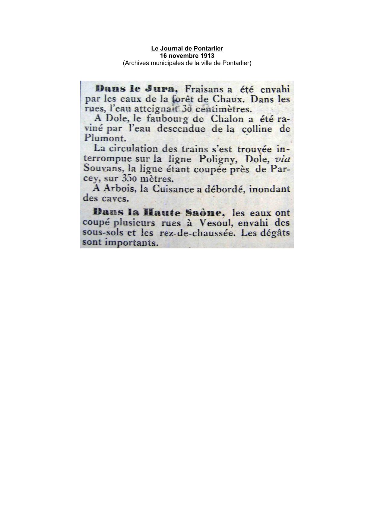 Le Journal de Pontarlier - 1913 - Jura et Haute-Saône