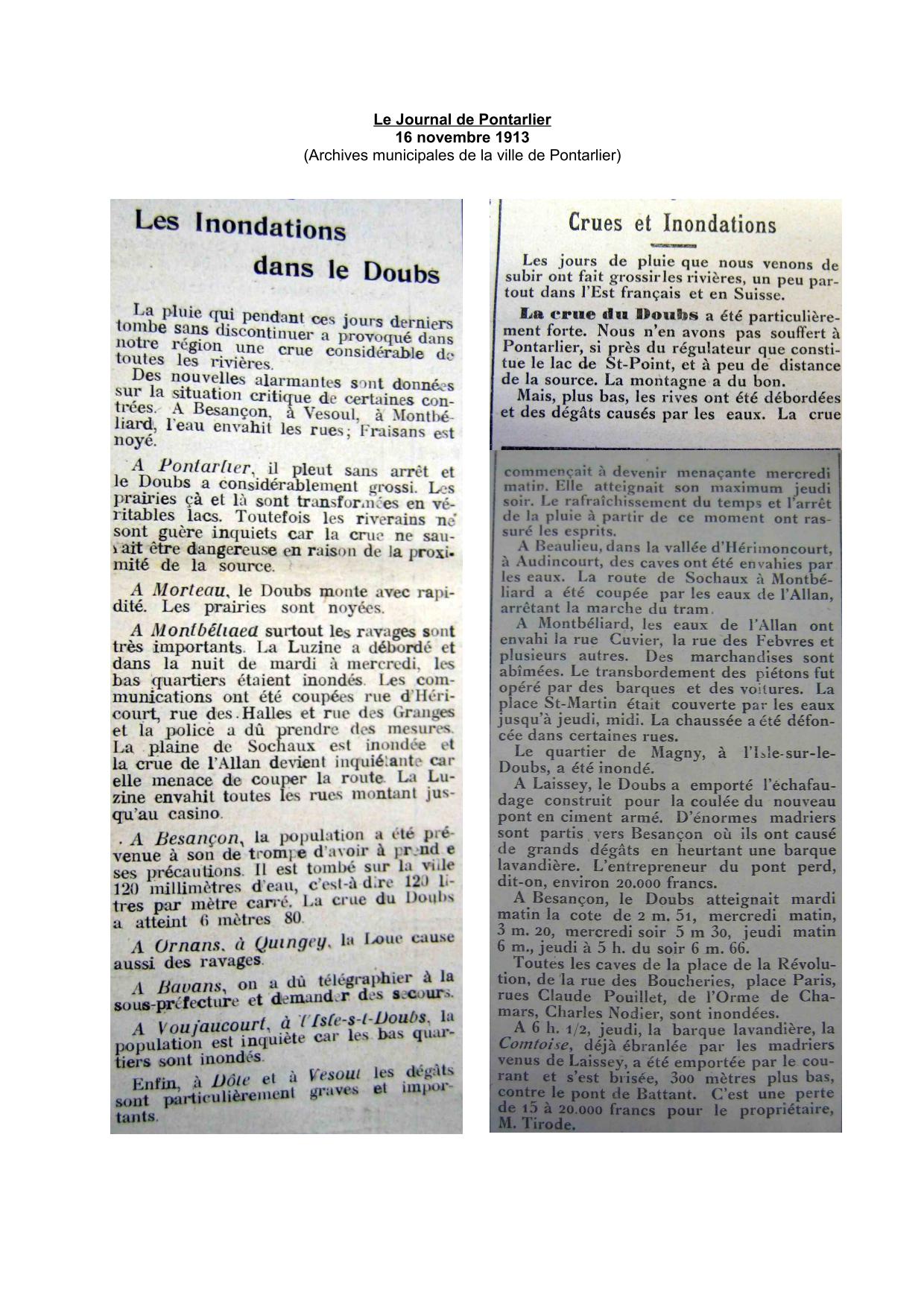 Le Journal de Pontarlier - 1913 - Situation régionale