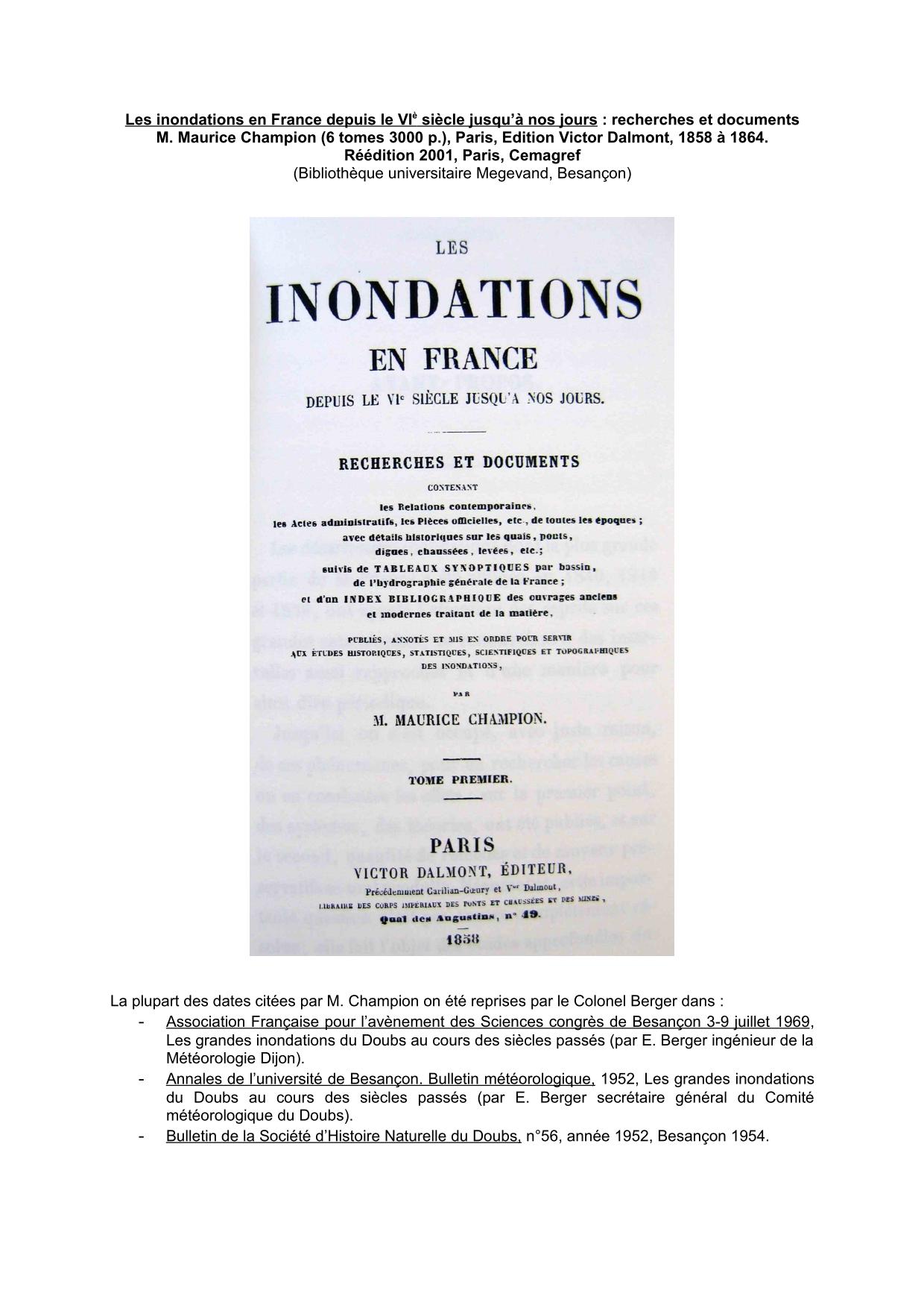 Les inondations en France depuis le VIe siècle jusqu'à nos jours : recherches et documents 1493... 