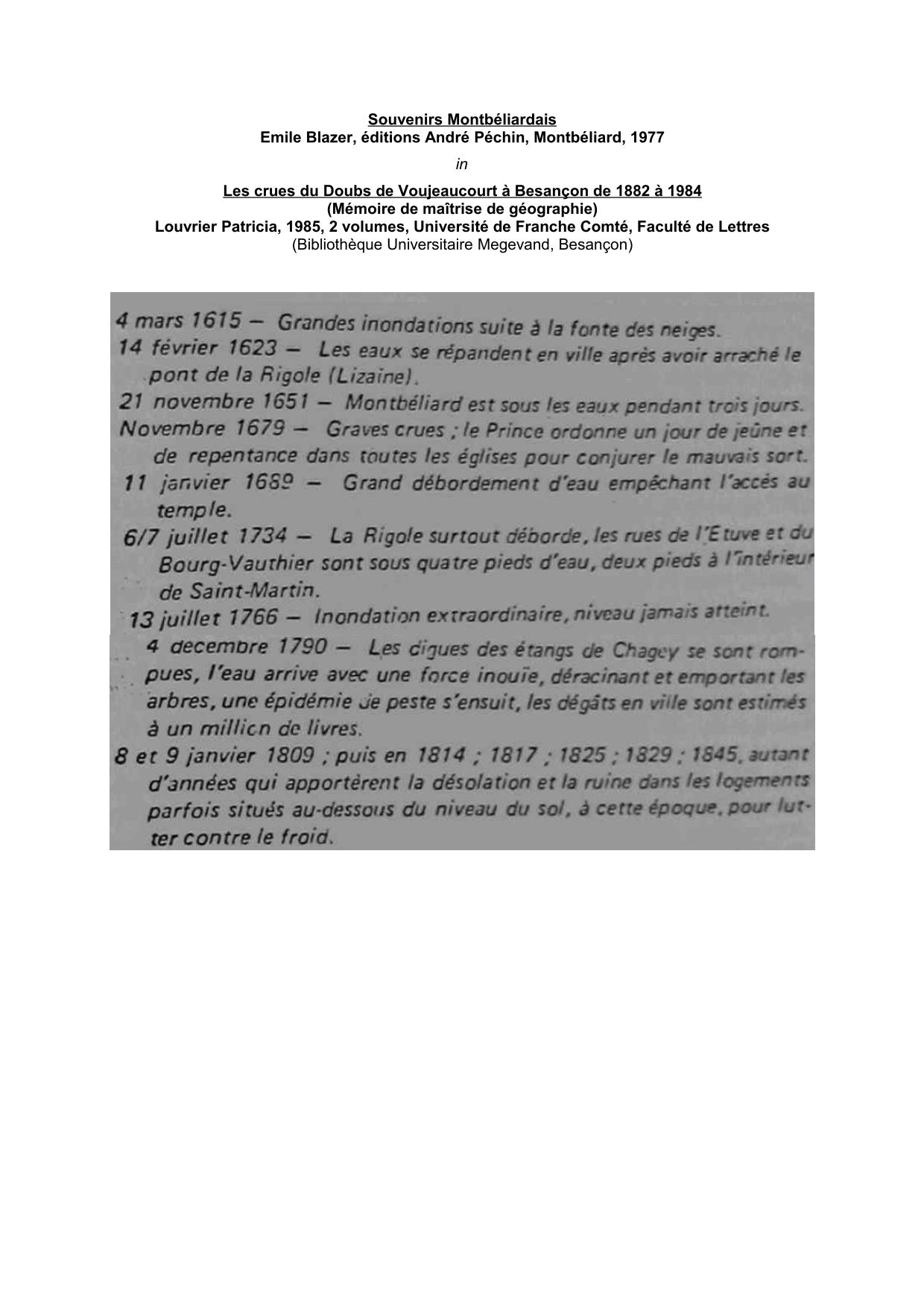 Souvenirs Montbeliardais : inondations de 1615 a 1845