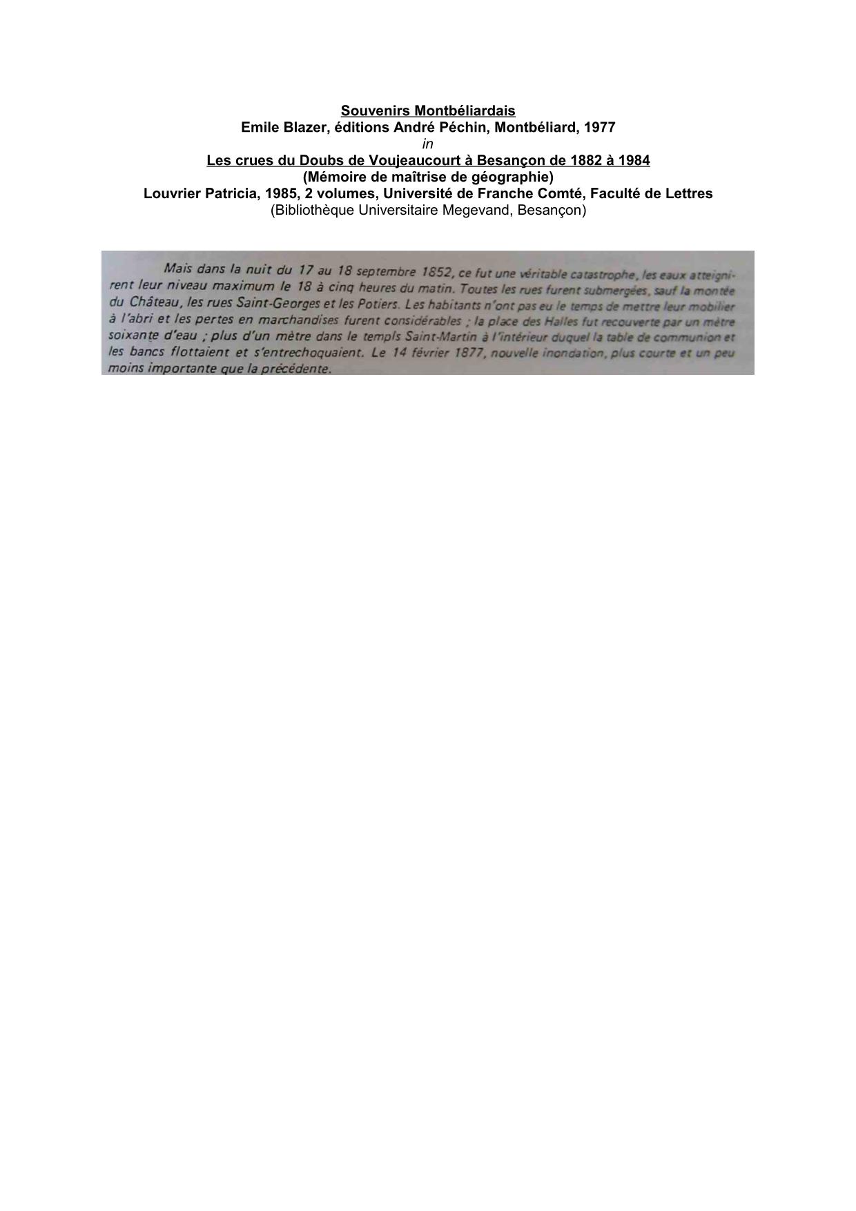 Souvenirs Montbeliardais : inondations de 1852 et 1877