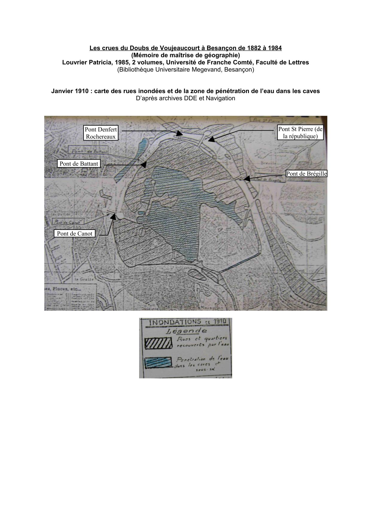 janvier 1910 : carte des rues et caves inondées – Besançon