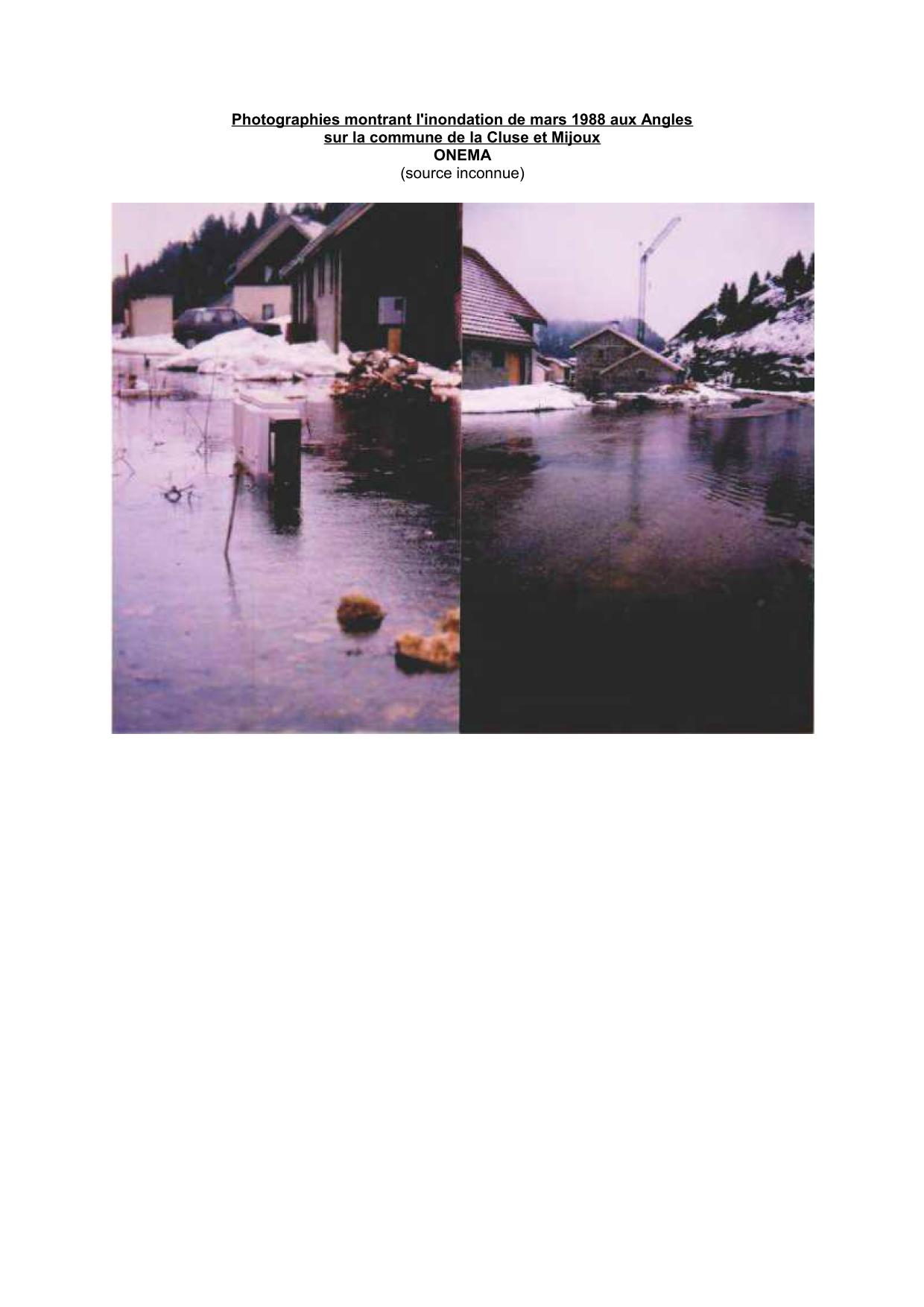 Photographies montrant l'inondation de mars 1988 aux Angles sur la commune de la Cluse et Mijoux