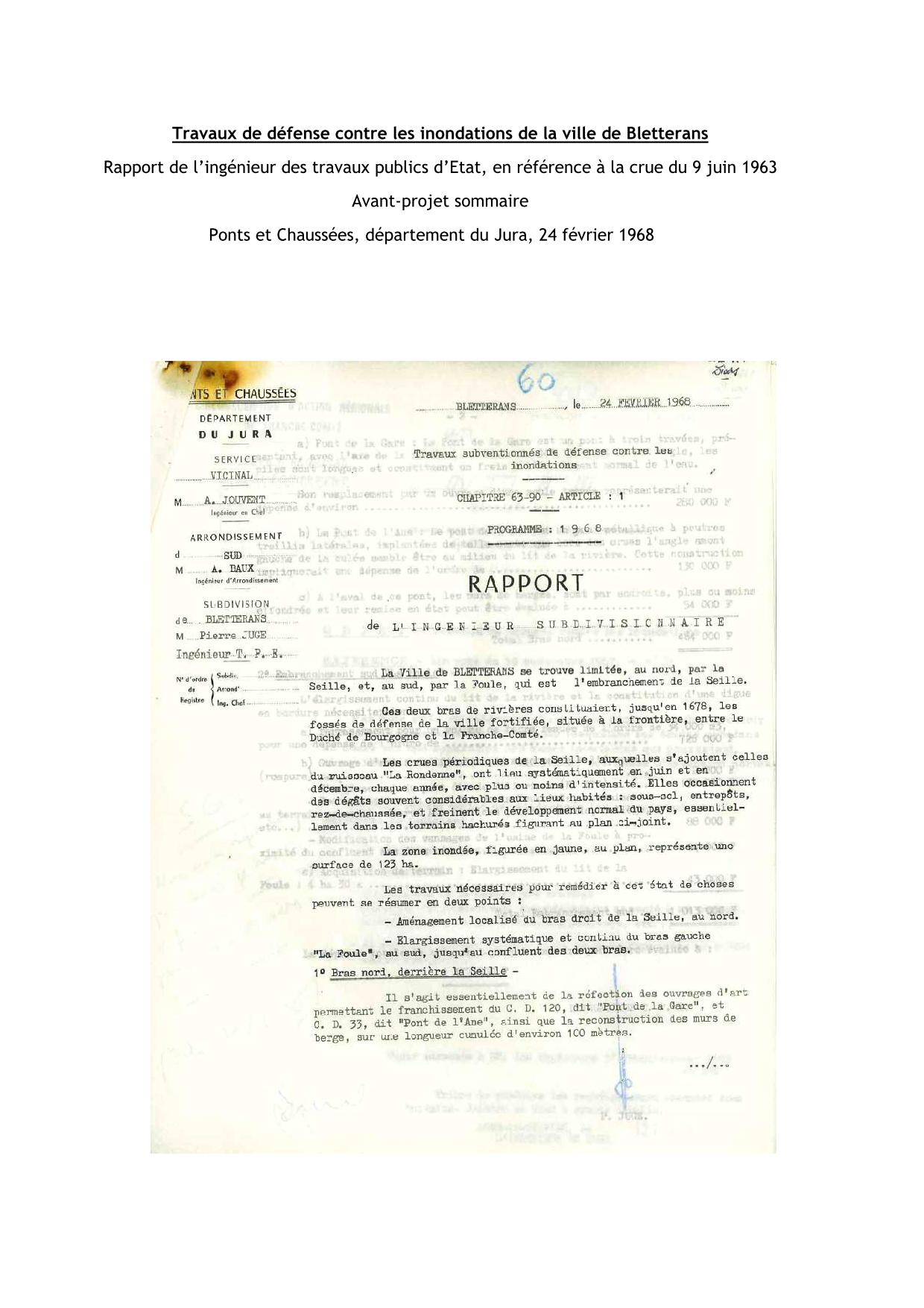 Avant-Projet-Sommaire, rapport de l'ingénieur des travaux publics d’État, en référence à la crue du 9 juin 1963