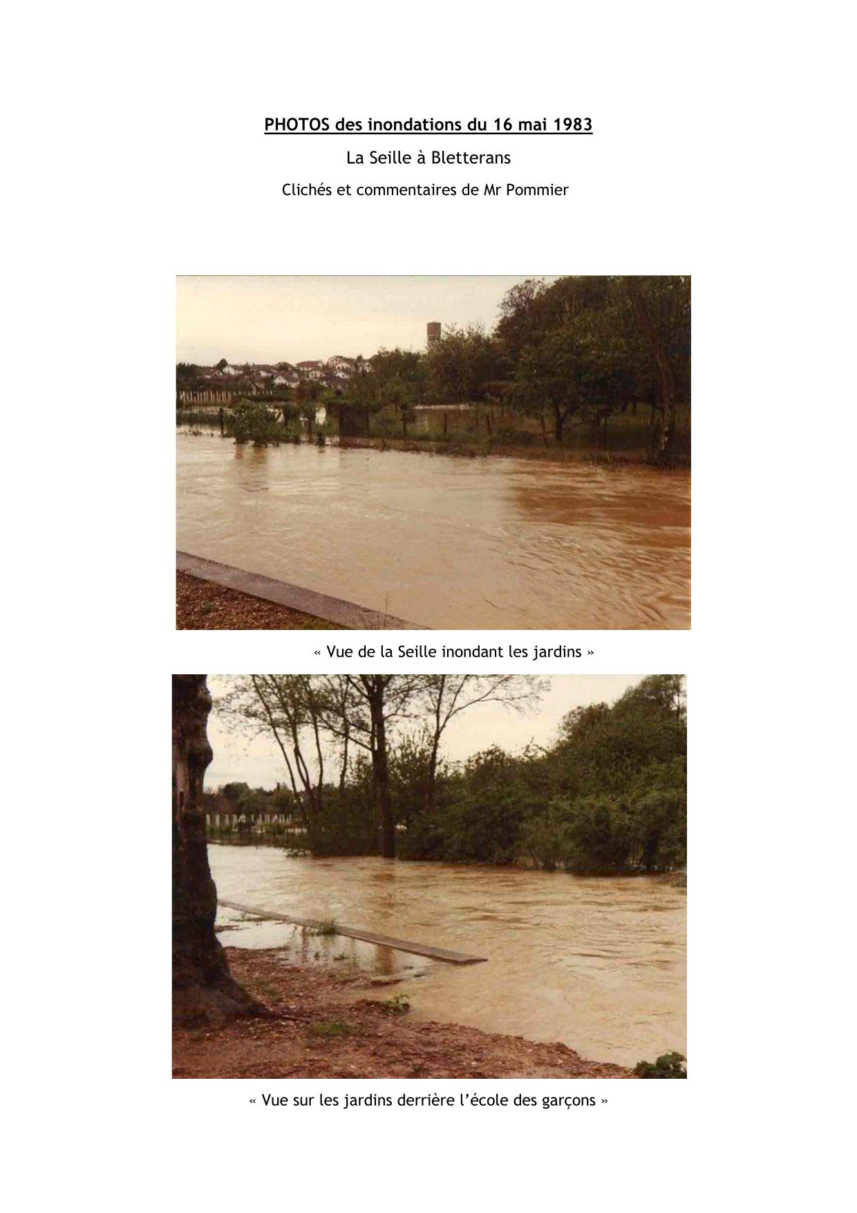 Photos des inondations du 16 mai 1983, la Seille à Bletterans, clichés et commentaires de Mr Pommier