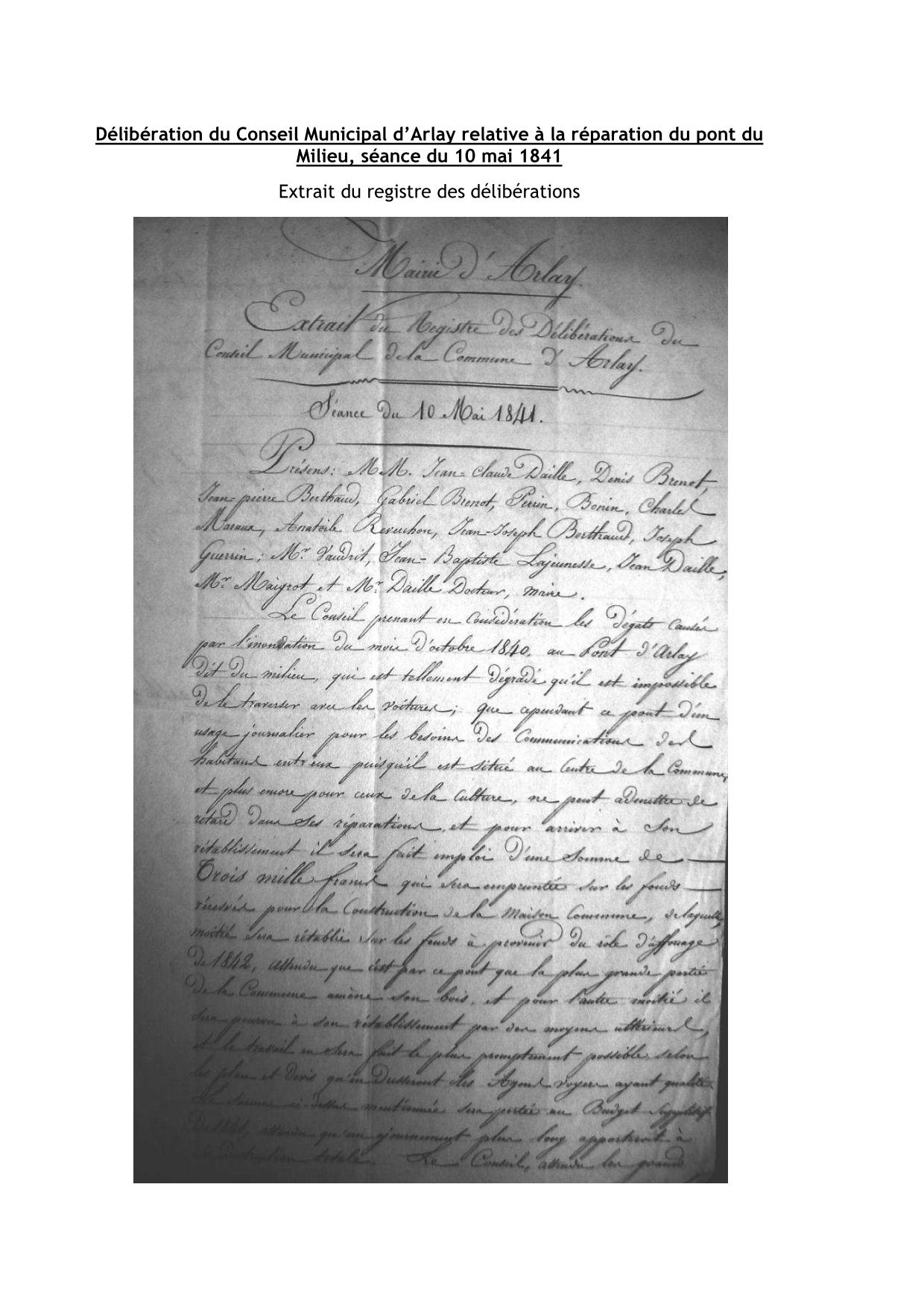 Délibération du Conseil Municipal d’Arlay relative à la réparation du pont du Milieu, séance du 10 mai 1841