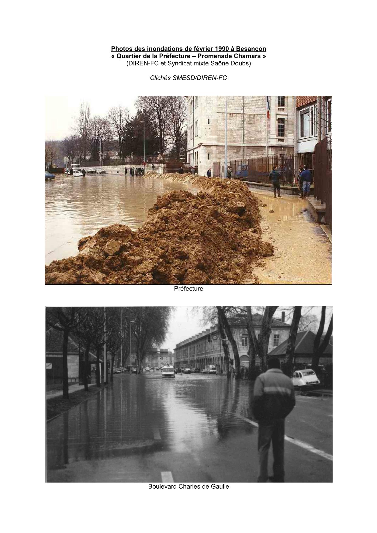 Photo des inondations de février 1990 a Besançon - Quartier de la Préfecture ? Promenade Chamars   