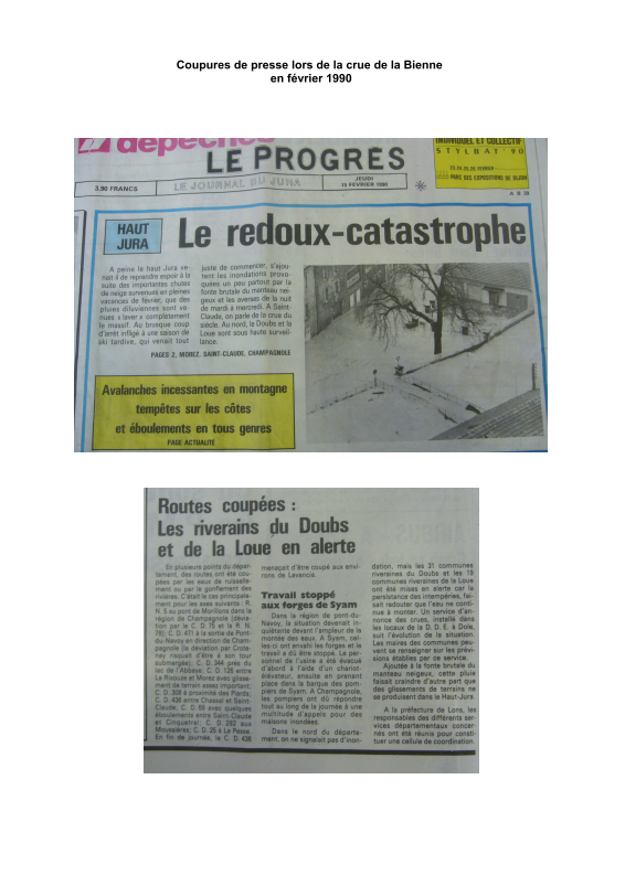 Coupures de presse concernant la crue de février 1990 dans les communes du Haut-Jura.