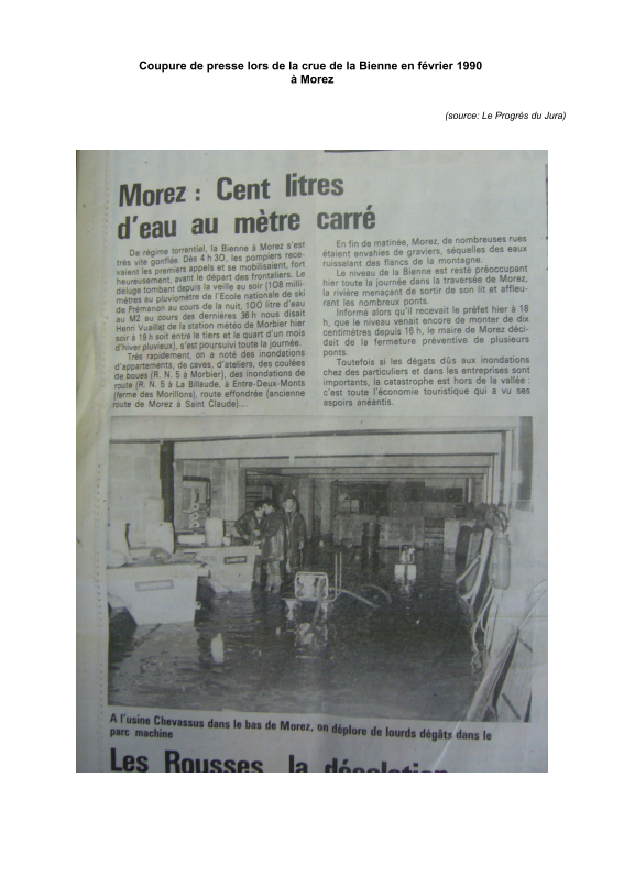 Coupure de presse concernant la crue de 1990 à Morez.