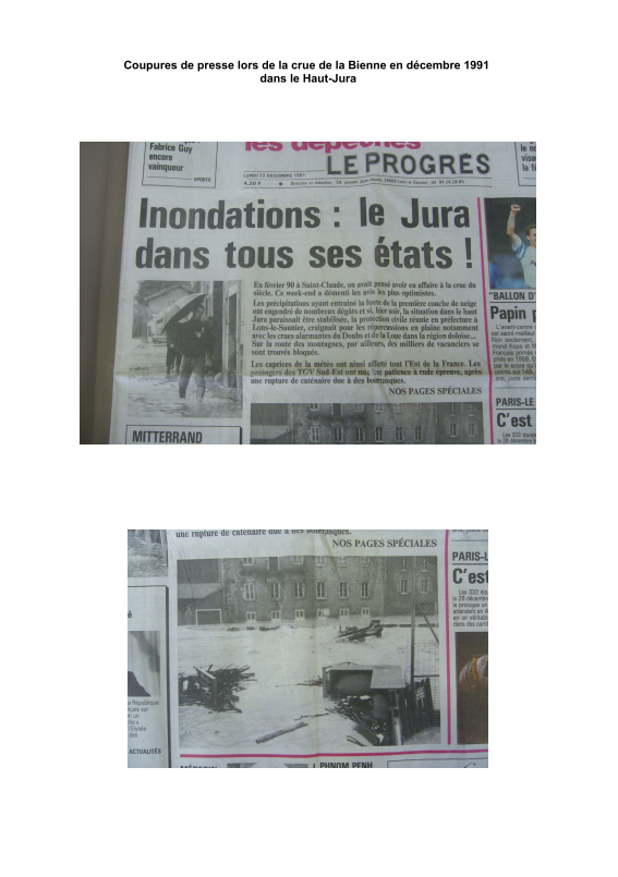 Coupures de presse concernant la crue de décembre 1991 dans le Haut-Jura.