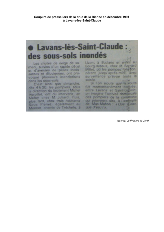 Article concernant la crue de décembre 1991 à Lavans-lès-Saint-Claude.