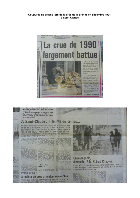 Coupures de presse concernant la crue de décembre 1991 à Saint Claude.