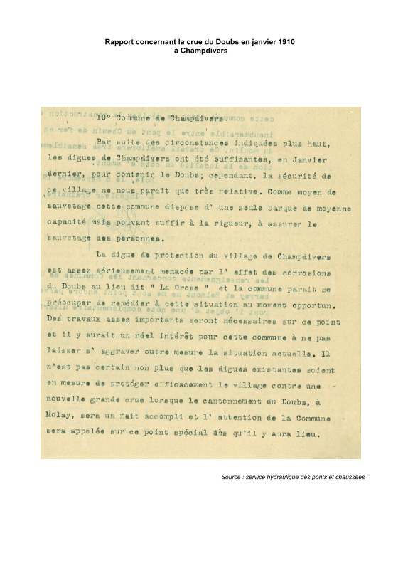 Rapport de la crue du Doubs de janvier 1910 à Champdivers.