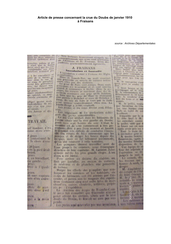 Articles de presse lors de la crue du Doubs de janvier 1910 à Chaussin.