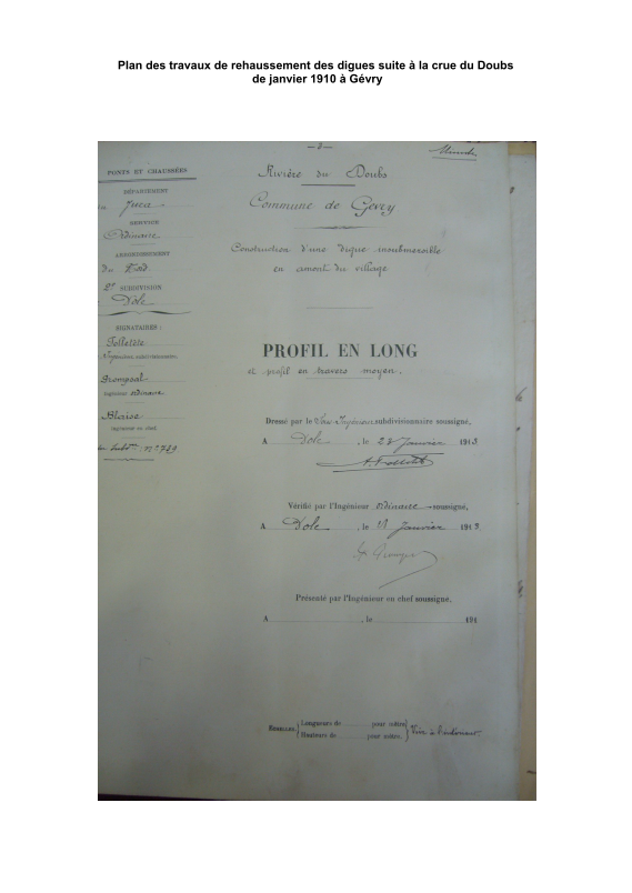 Plan des travaux de rehaussement des digues suite à la crue du Doubs de janvier 1910 à Gevry.