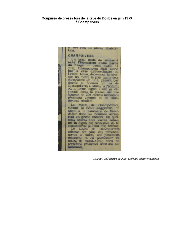 Coupures de presse concernant la crue du Doubs de juin 1953 à Champdivers.