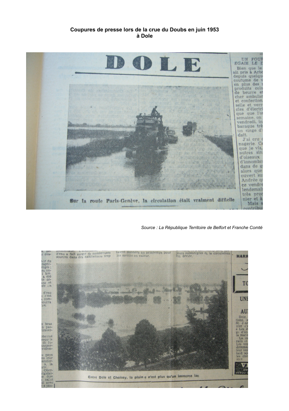 Coupures de presse lors de la crue du juin 1953 à Dole.