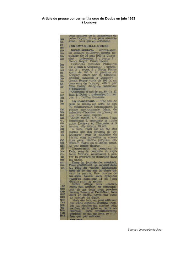 Article de presse lors de la crue de juin 1953 à Longwy-sur-le-Doubs.