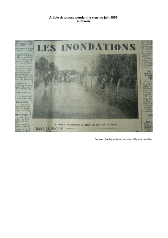 Coupure de presse concernant la crue du Doubs de juin 1953 à Peseux.