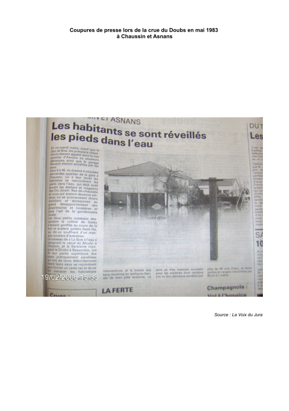 Coupures de presse concernant la crue du Doubs de mai 1983 dans les communes de Chaussin et Asnans.