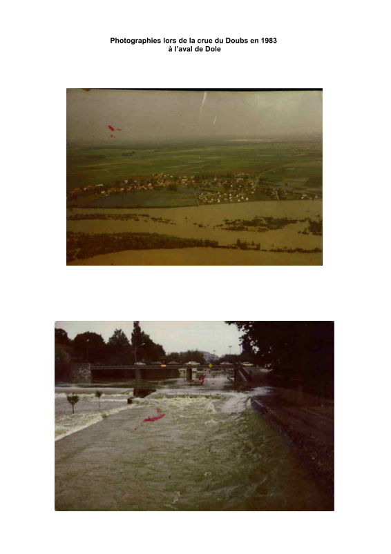 Photographies de l'aval de Dole lors de la crue du Doubs de mai 1983.