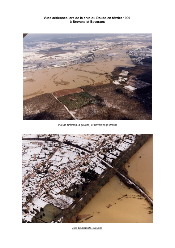 Photographies lors de la crue du Doubs de février 1999 des communes de Brevans et Baverans.