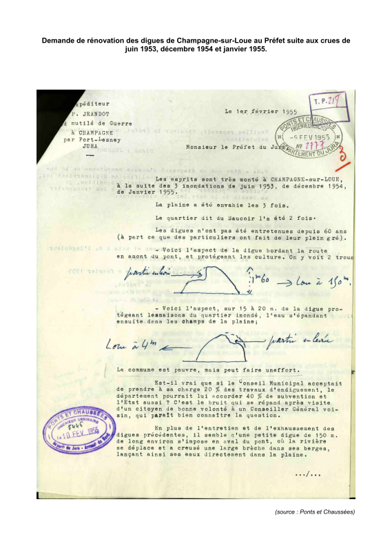 Demande de rénovation des digues de Champagne sur Loue au Préfet du Jura suite aux crues de juin 1953, décembre 1954 et janvier 1955.