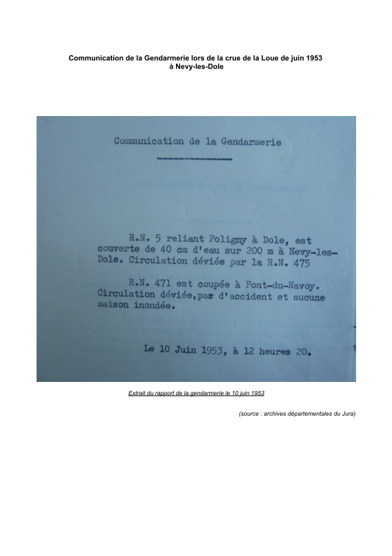 Communication de la gendarmerie de Nevy les Dole lors de la crue de juin 1953