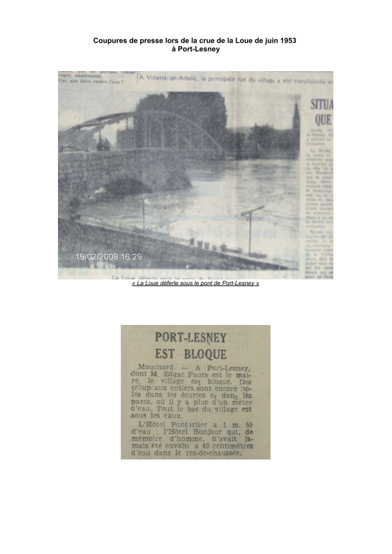 Coupures de presse concernant la crue de juin 1953 à Port-Lesney.