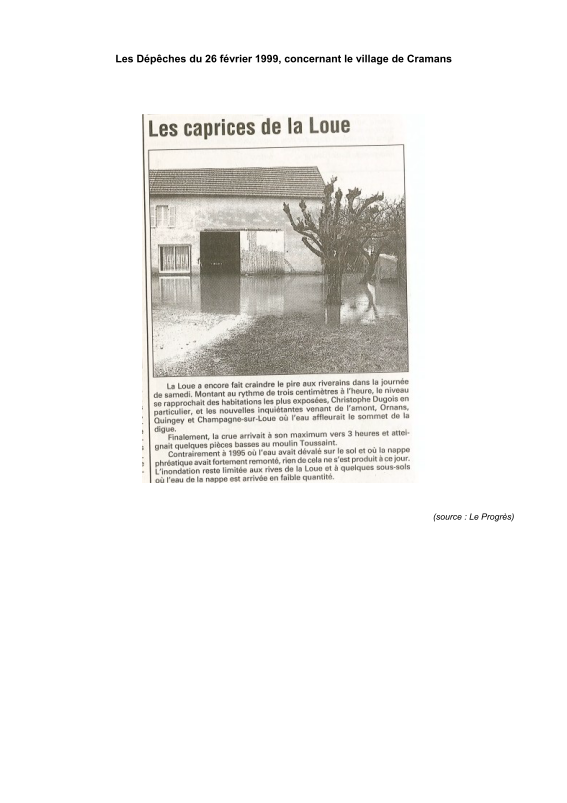 Extrait des Dépêches du 26 février 1999 concernant la crue de la Loue à Cramans.