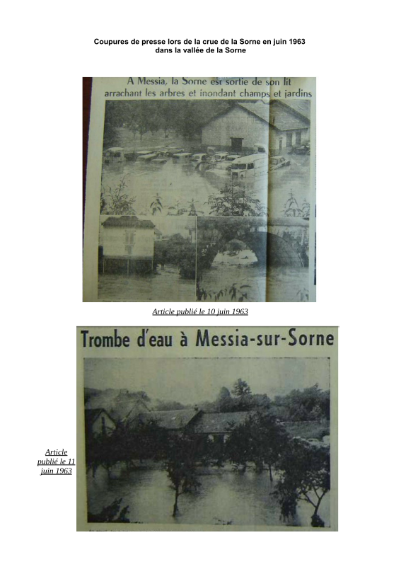 Coupures de presse concernant la crue de la Sorne en juin 1963 à Messia sur Sorne.