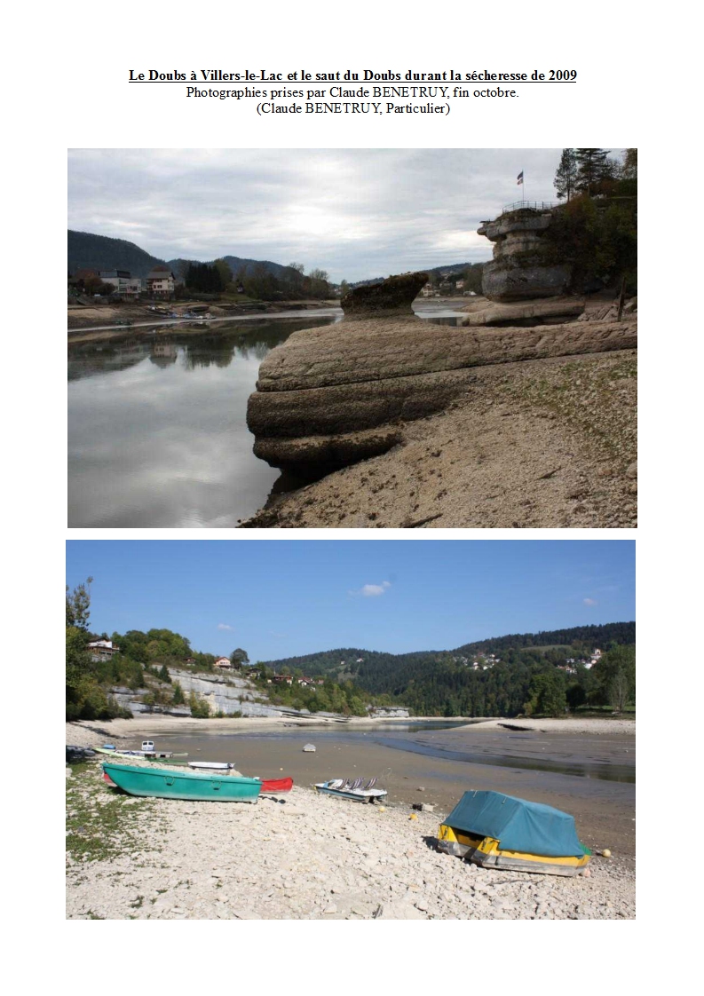 Photographie de Claude BINETRUY montrant le Doubs à l'étiage en 2009 au niveau de Villers-le-lac et du Saut du Dubs