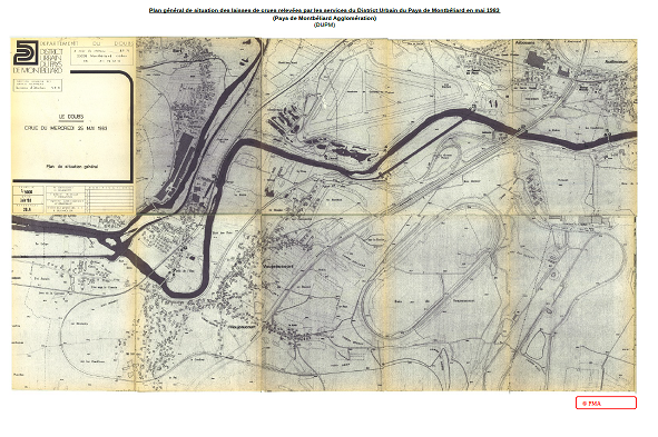 Plan général de situation et planches des laisses de crues relevées par les services du District Urbain du Pays de Montbéliard en mai 1983