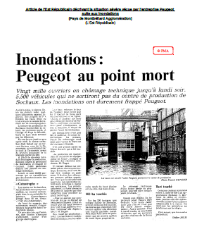 Article de l'Est Républicain décrivant la situation sévère vécue par l'entreprise Peugeot
suite aux inondations