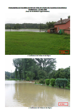 Photographies de l'inondation de Bart par l'Allan et le Rupt et de l'ouverture d'une brèche à Voujeaucourt 