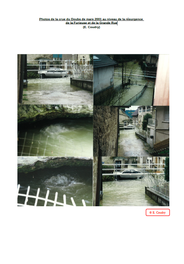 Photos de la crue du Doubs de mars 2001 au niveau de la résurgence de la Furieuse et de la Grande Rue