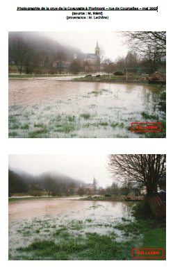 Photographie de la crue de la Coeuvatte à Florimont – rue de Courcelles – mai 2003