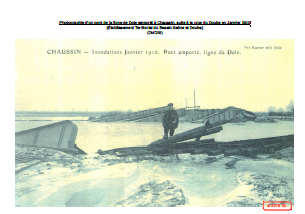 Photographie d'un pont de la ligne de Dole emporté à Chaussin, suite à la crue du Doubs en Janvier 1910