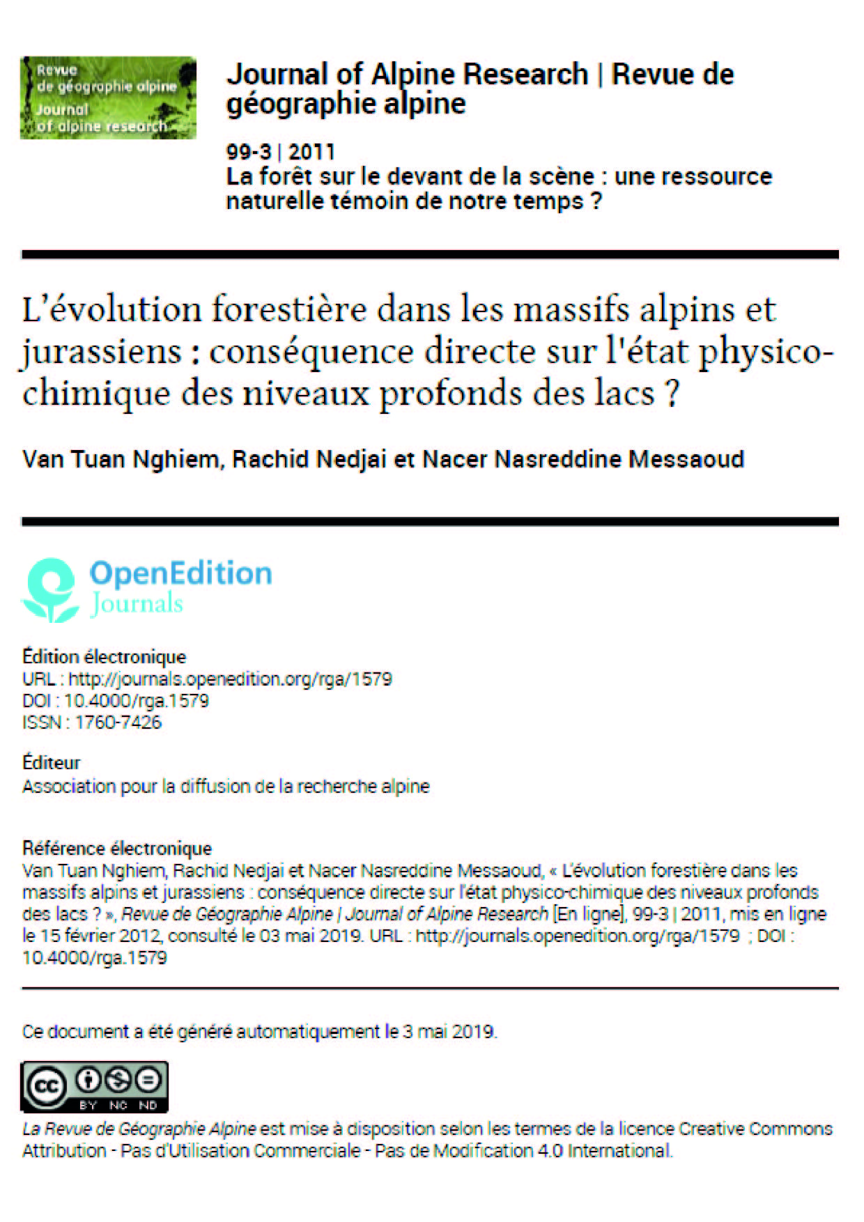 Publié dans le Revue de Géographie Alpine | Journal of Alpine Research [En ligne], 99-3 | 2011