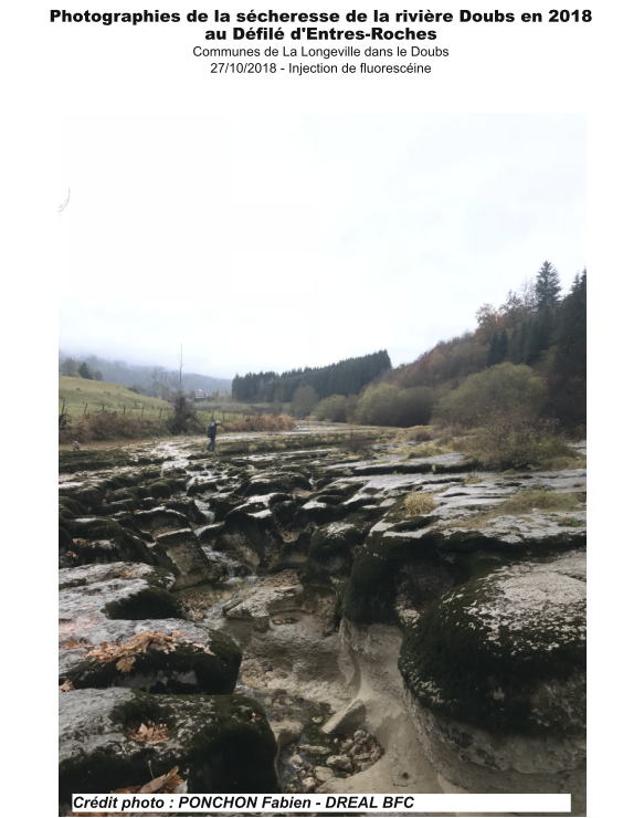 Photographies de la sécheresse de la rivière Doubs en 2018 au Défilé d'Entres-Roches