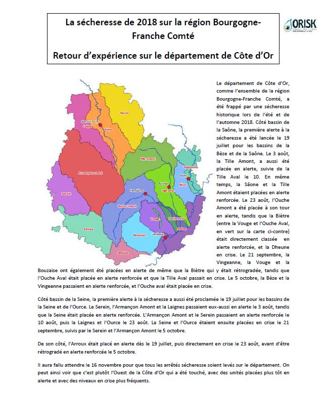 Retour d'expérience sur la sécheresse de 2018 sur le département de Côte d'Or: données hydrologiques (Saône, Ouche, Vingeanne, Seine, Tille), pluviométriques (Dijon, Châtillon-sur-Seine) et piézométriques (calcaires entre Ouche et Vingeanne à Bourberain)